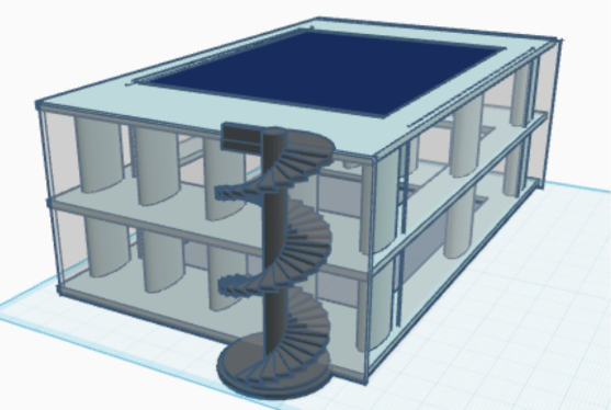 柱と床で構成した建物の外側に、各階をつなぐらせん階段を付けた作品