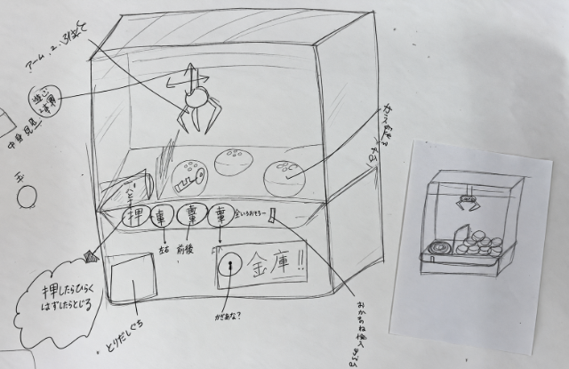 中学生が模造紙に描いたクレーンゲームの設計アイデア