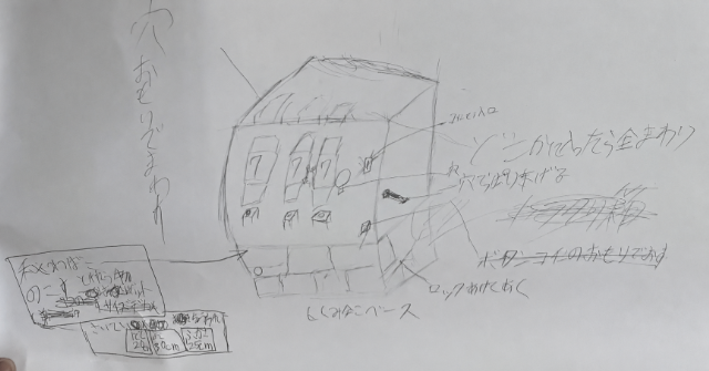 中学生が模造紙に描いたスロットマシンの設計アイデア